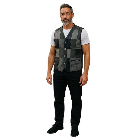 Vintage G. Boss Patchwork Wool & Leather Vest Gray Black Geometric – Size L - Picture 2 of 8